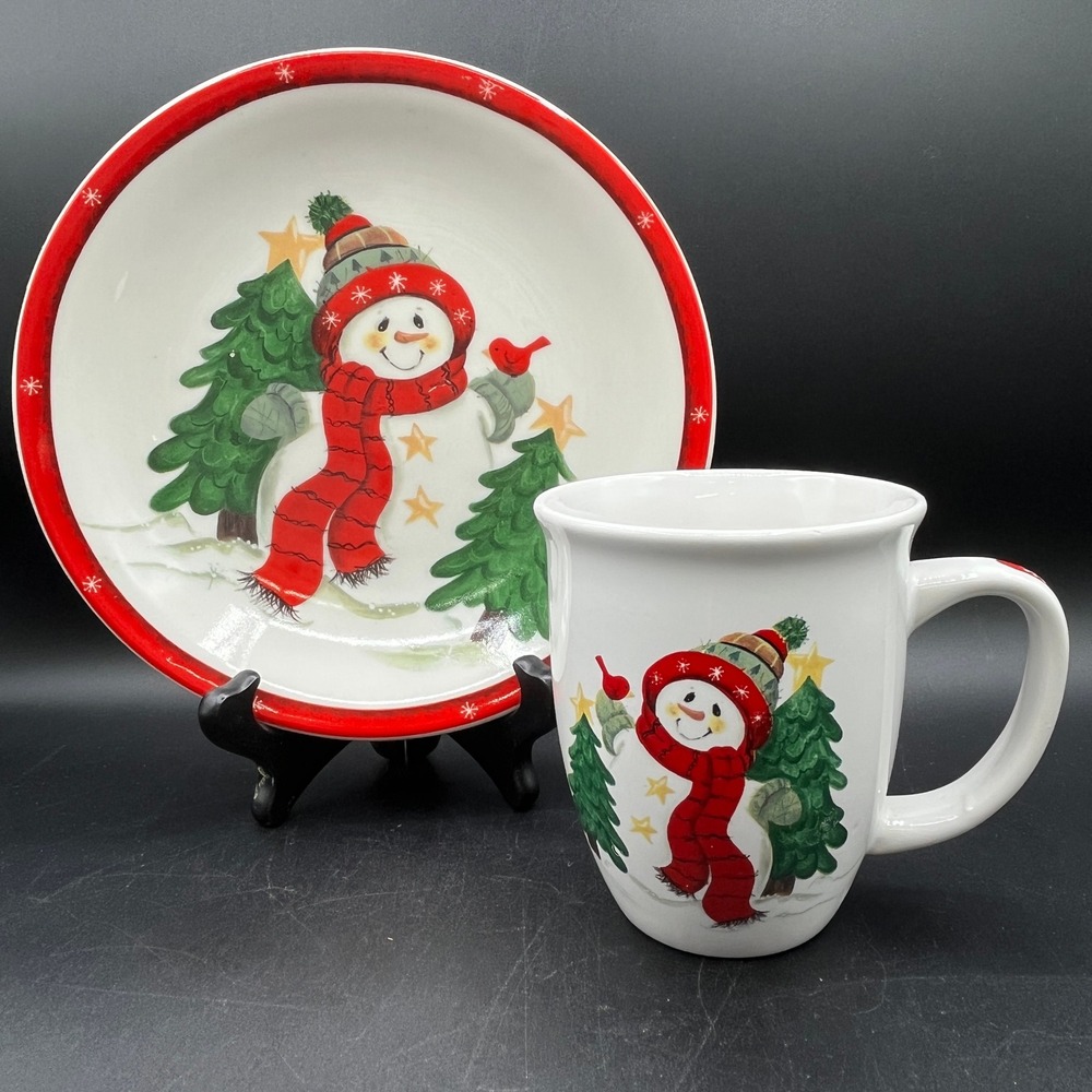 Studio 33 Snowman Christmas Mug Plate Set White Red Ceramic Holiday Decor 12 oz